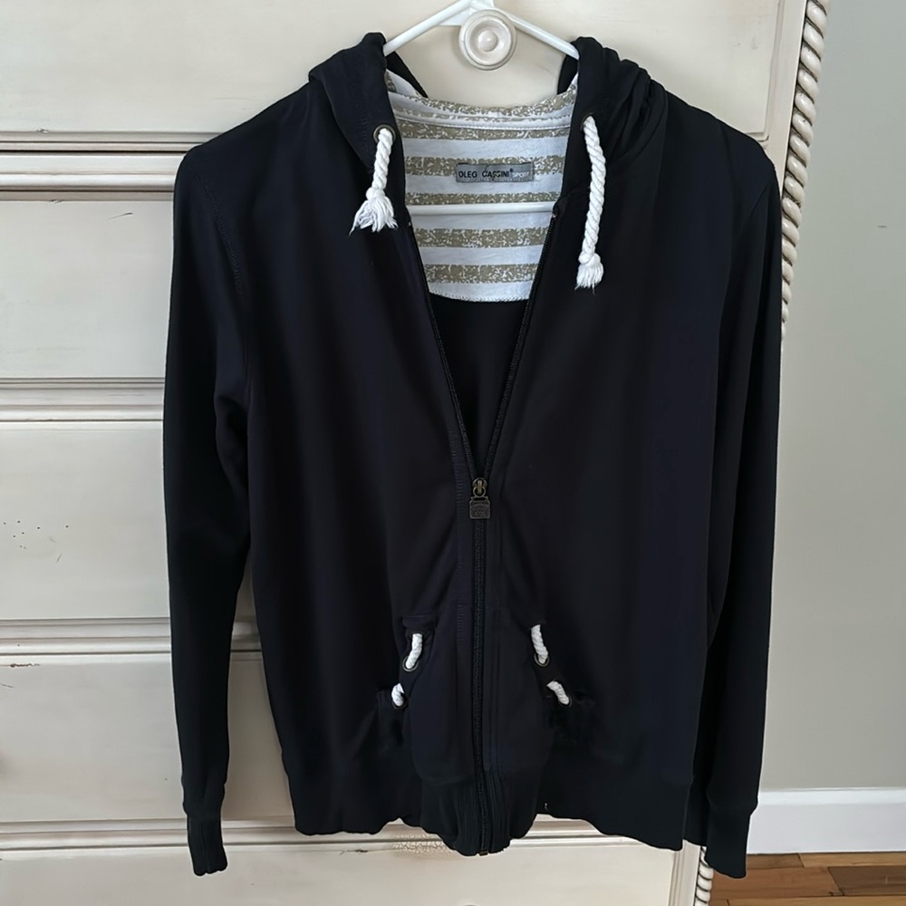 Oleg Cassini Sport Sweatshirt Zipper Hoodie Nautical Navy White Tan Women’s Sm